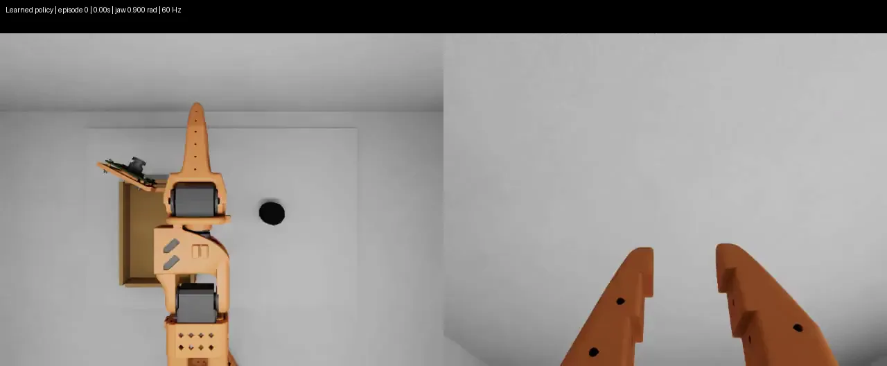 SO-101 pick-and-place research in Isaac Sim, with overhead and wrist camera views